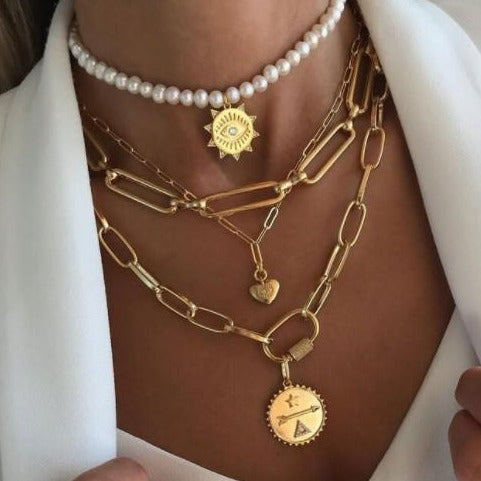 ONE EYE LOVE GOLD  LINK PEARL LAYER NECKLACE