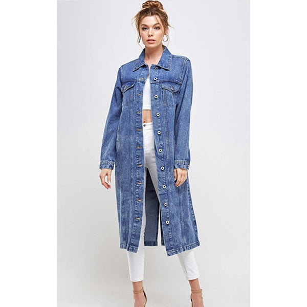 WOMENS LONG STONEWASH BLUE JEAN DENIM JACKET